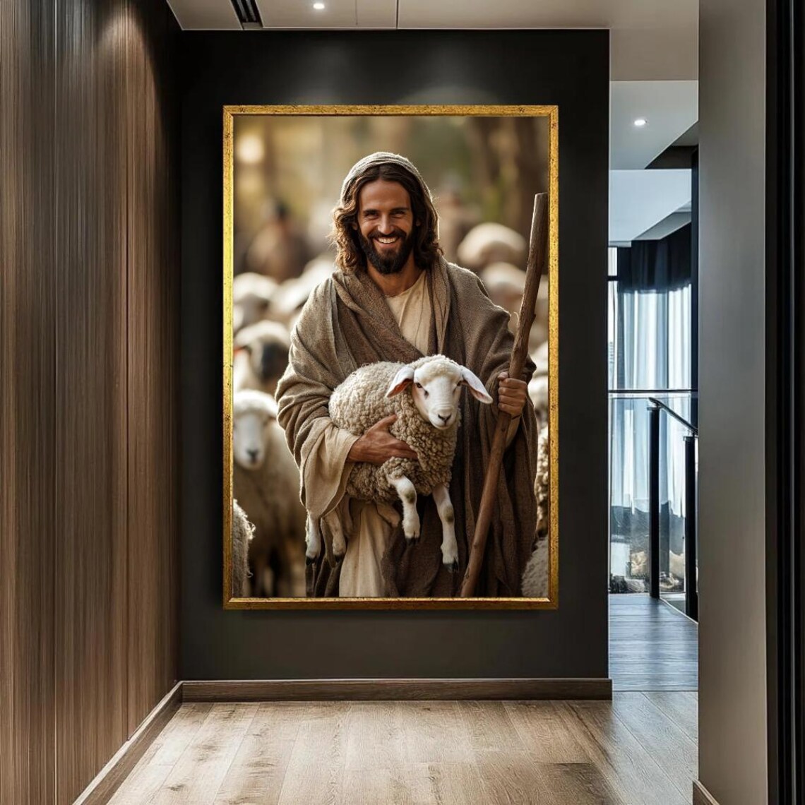 Smiling Jesus the Good Shepherd Holding Lamb Religious Poster - Image 2