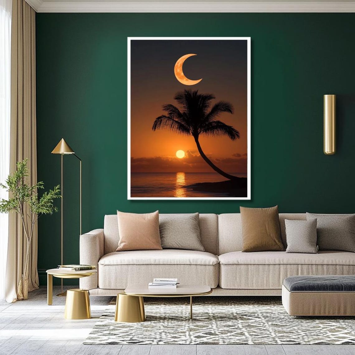 Tropical Sunset With Crescent Moon Palm Beach Silhouette Poster - Image 2