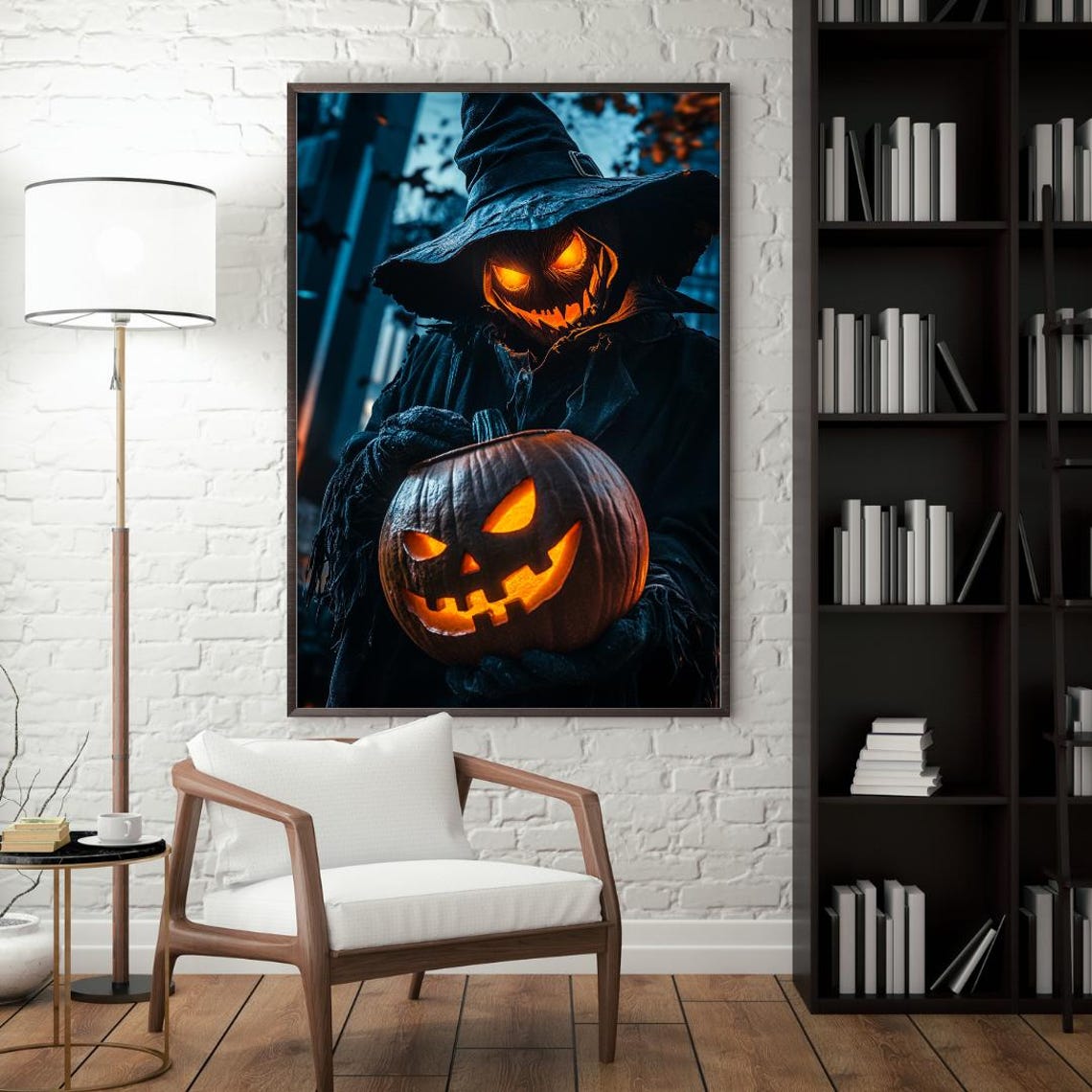 Pumpkin Head Witch Holding Glowing Jack O Lantern Night Horror Poster - Image 2