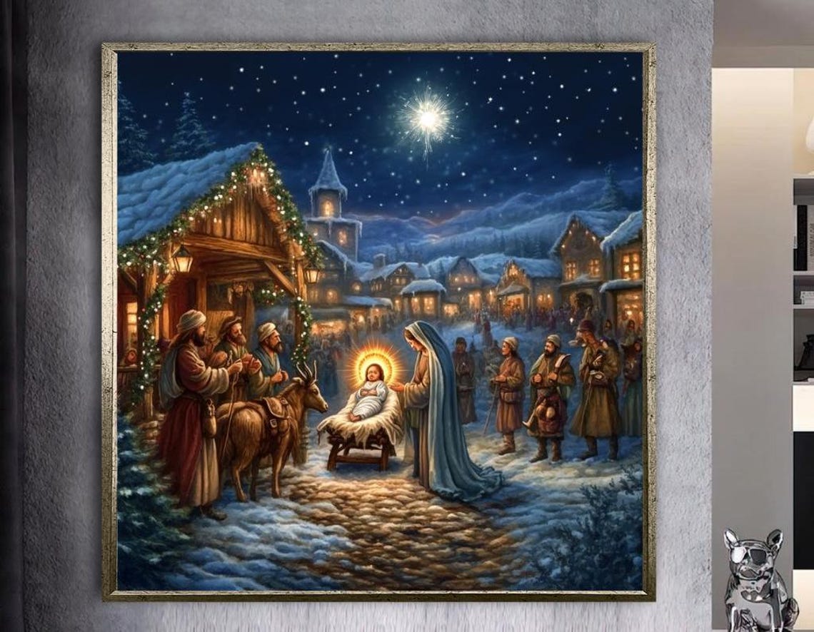 Snowy Village Nativity Night With Star Of Bethlehem Scene Poster