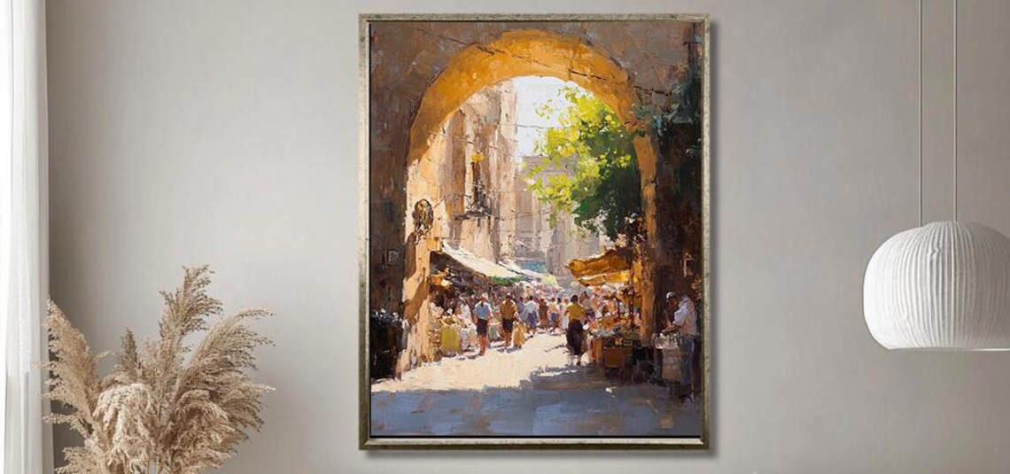 Sunlit Mediterranean Archway And Bustling Market Street Poster