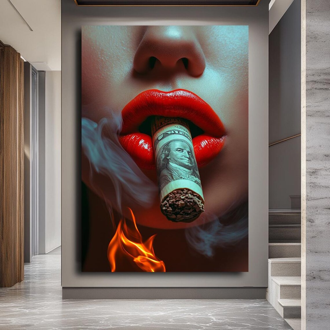 Luxury Wall Art Red Lips With Burning Dollar Bold Modern Decor - Image 2