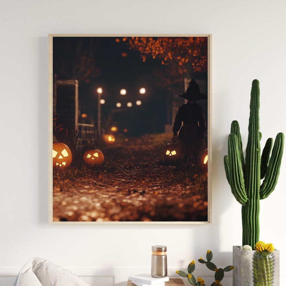 Witch with Pumpkin Lantern on Halloween Night Autumn Path Poster - Image 2