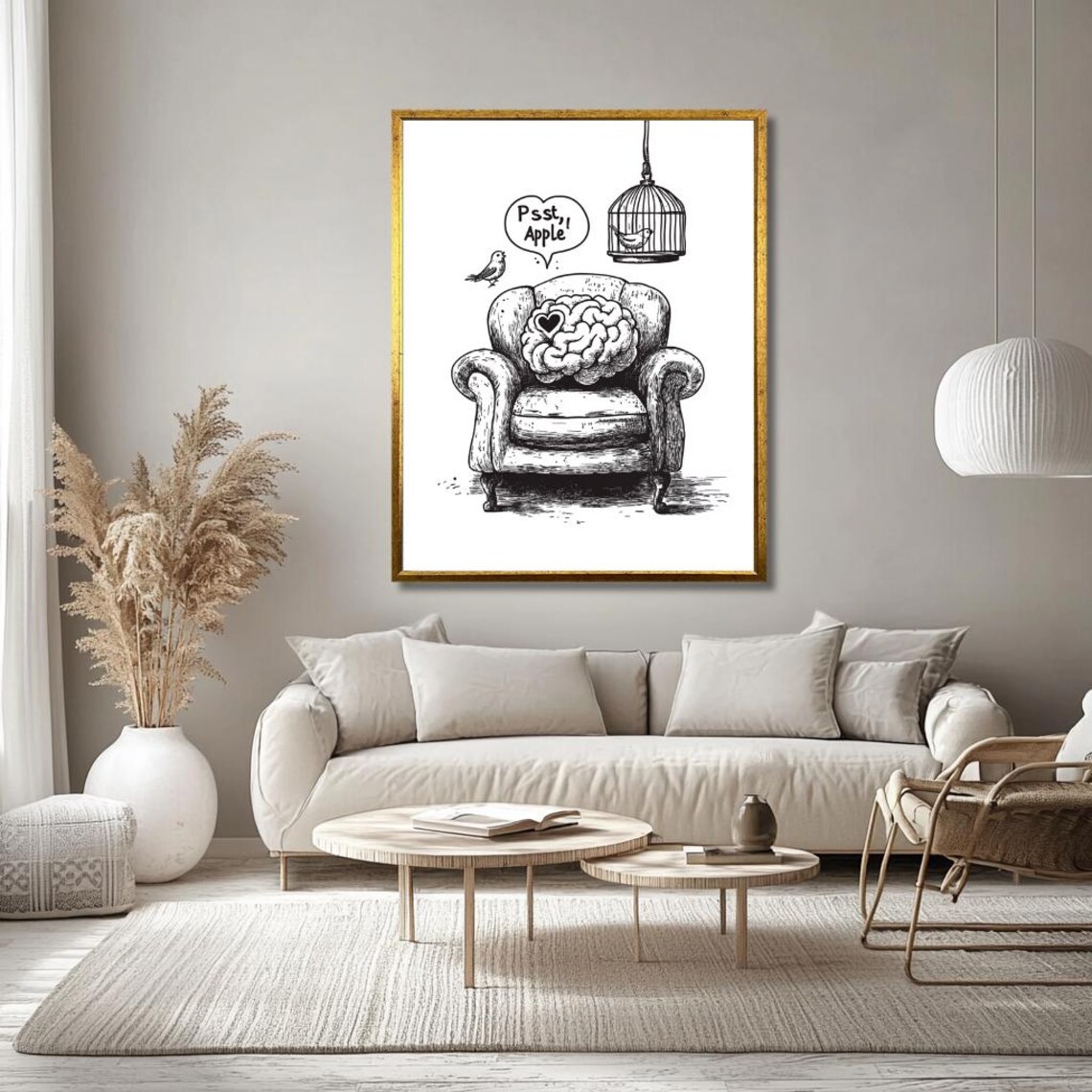 Whimsical Brain In Armchair Birds Speech Bubble Sketch Poster - Image 3