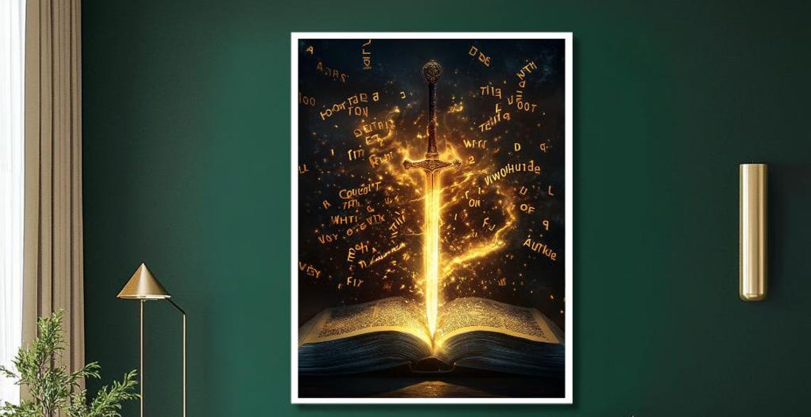 Fantasy Sword of Light Emerging From Ancient Book Pages Poster