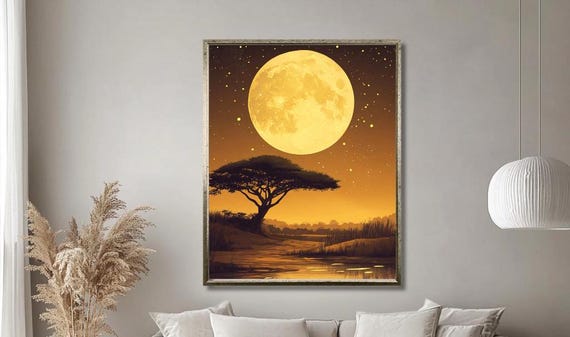 Golden Full Moon Over African Savannah Print Serene Nature Landscape African Tree Silhouette Wall Art Warm Sunset Decor For