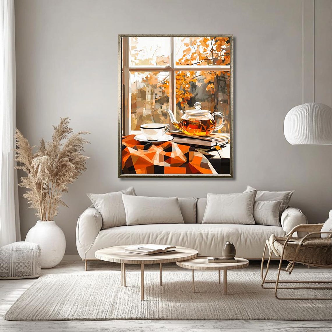 Cozy Autumn Tea Art Warm Geometric Window Scene With Teapot And Cup Fall Inspired Wall Decor For Relaxing Interiors - Image 3