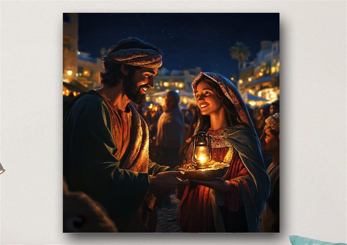 Biblical Couple Sharing a Lantern at Night Market Religious Poster