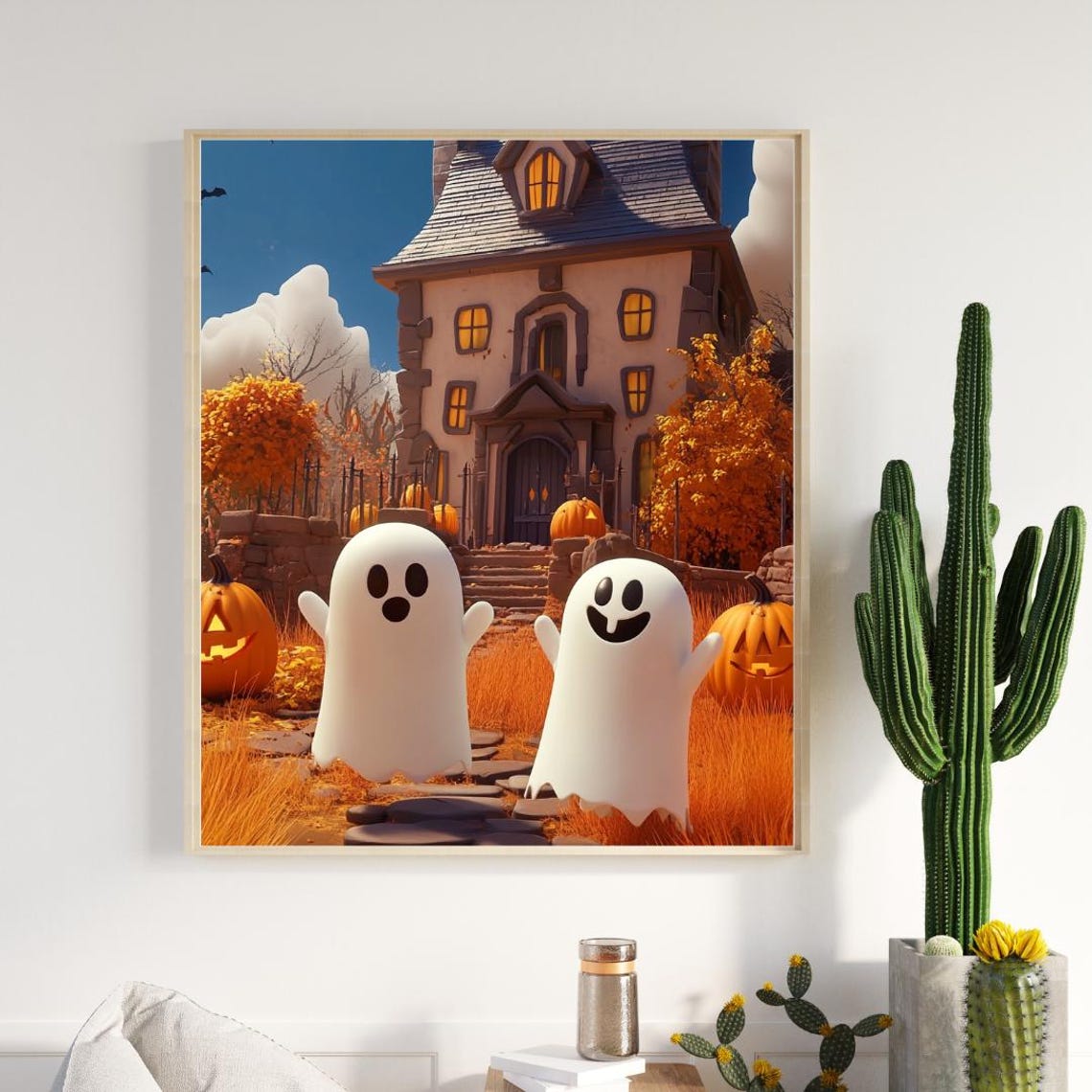 Cute Happy Ghosts at Haunted House Pumpkin Patch Autumn Poster