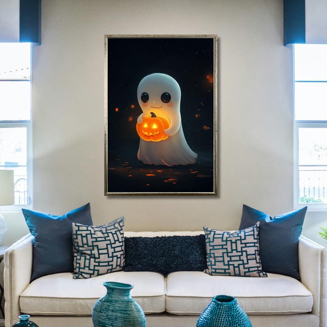 Cute Ghost Holding A Glowing Jack O Lantern Pumpkin Halloween Poster - Image 2