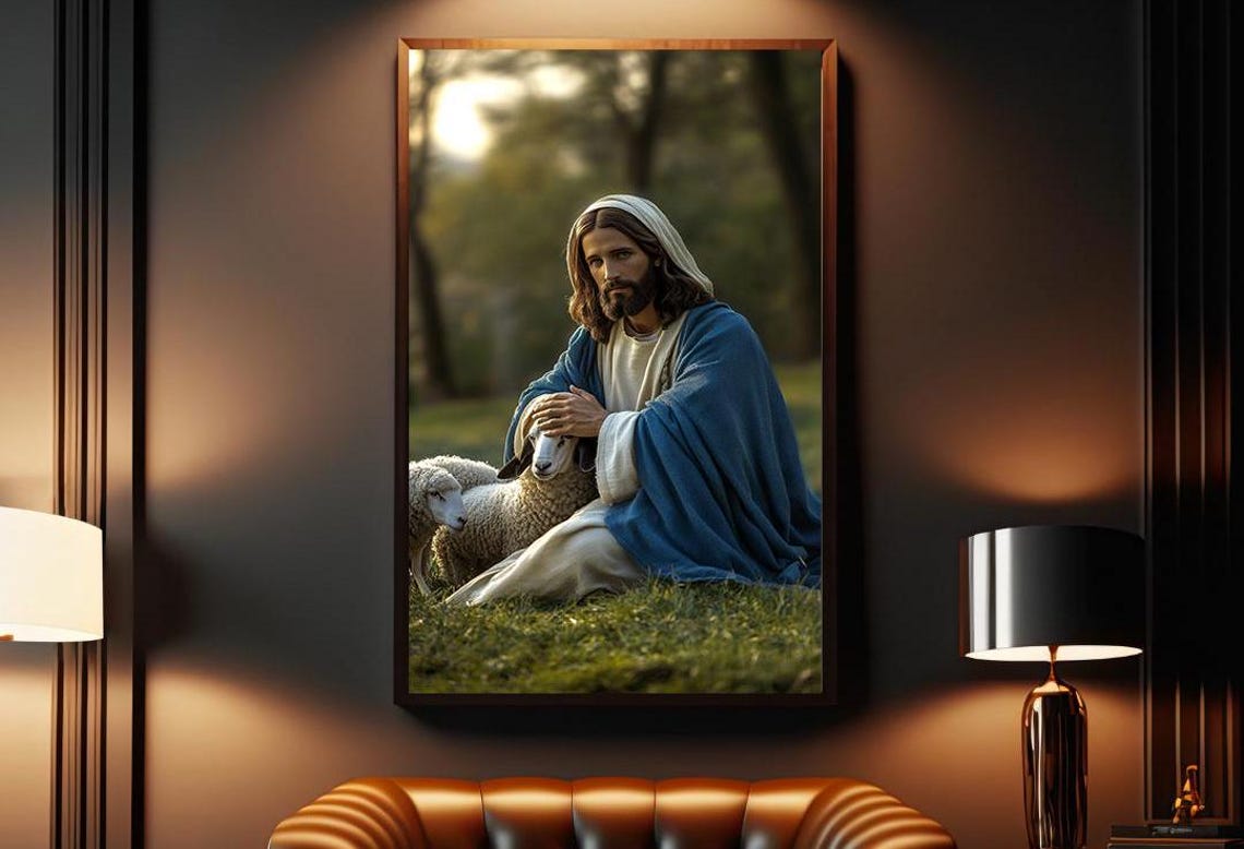 Jesus Christ Kneeling With Sheep Pastoral Good Shepherd Poster