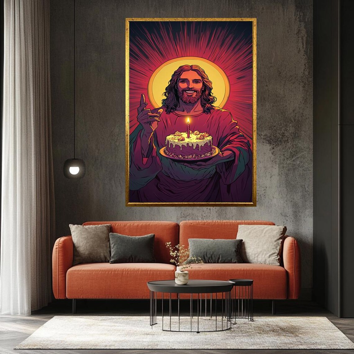 Smiling Jesus Holding Birthday Cake Religious Pop Art Poster For Celebrations - Image 3