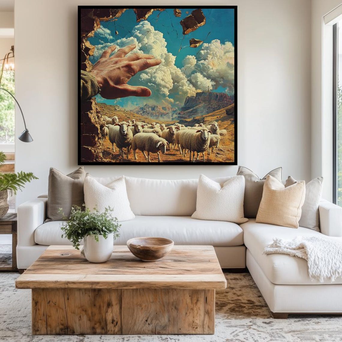 Surreal Sheep Herd Under a Giant Hand in a Cracked Desert Sky Poster - Image 3