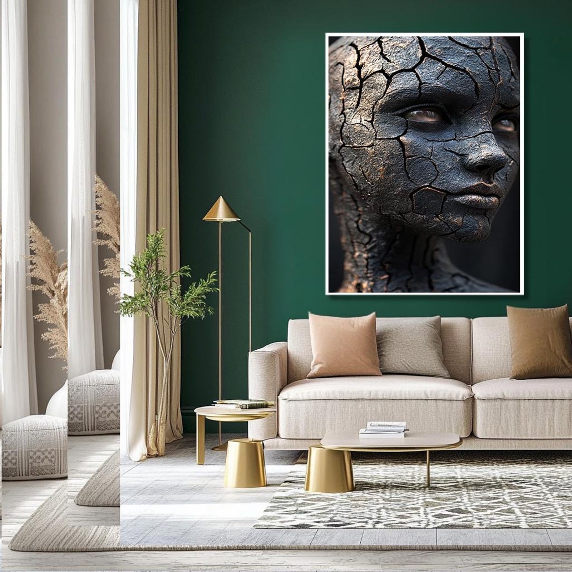 Cracked Dark Stone Face Sculpture in Moody Abstract Style Poster - Image 2