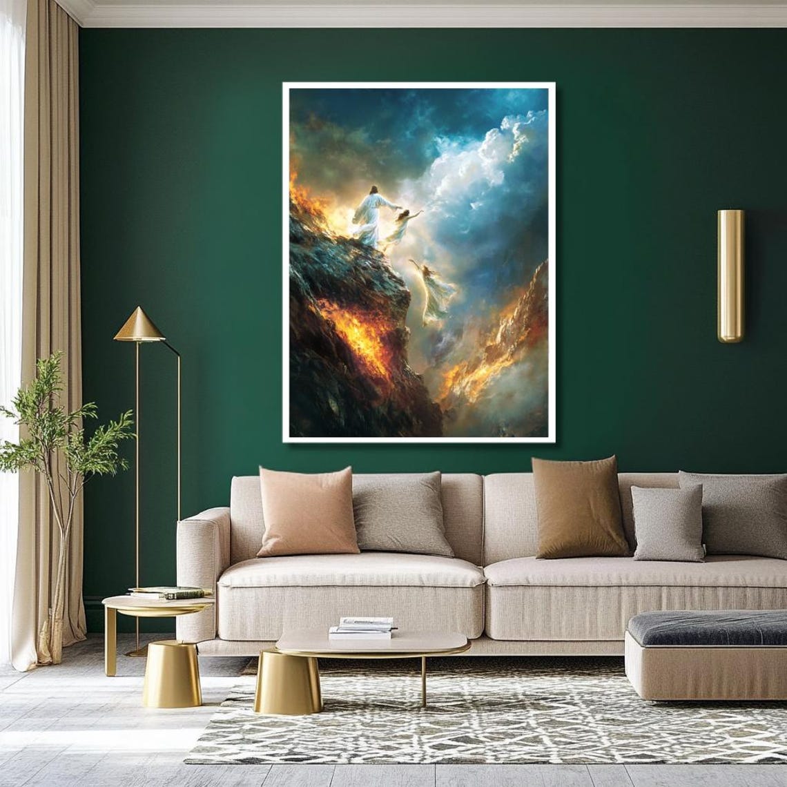 Christ Lifting a Soul to Heaven Above Flames on a Rocky Cliff Poster - Image 2