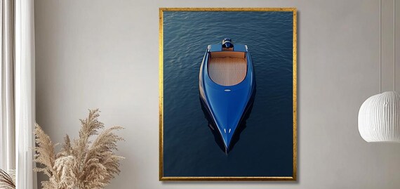 Elegant Blue Boat Art Print Minimalist Nautical Wall Decor Tranquil Water Scene For Modern Living Room Luxury Coastal Wall