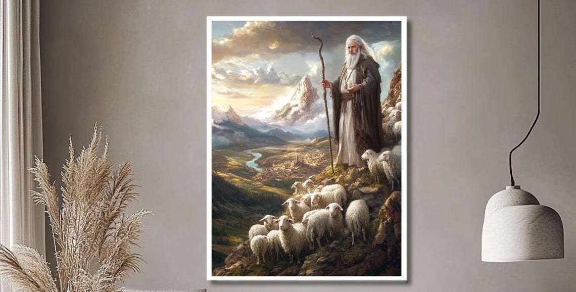 Elder Shepherd With Staff Leading His Flock on a Mountain Poster