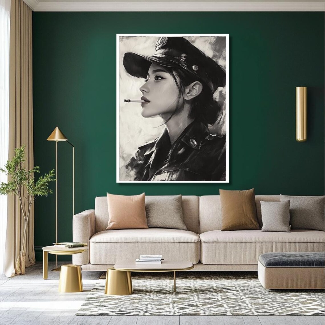 Cinematic Noir Woman in a Military Cap Black and White Portrait Print - Image 2
