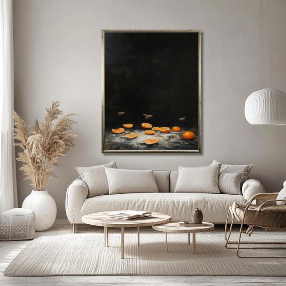 Still Life With Oranges And Bees Wall Art Dark Minimalist Painting Unique Wall Decor For Kitchen Or Dining Room