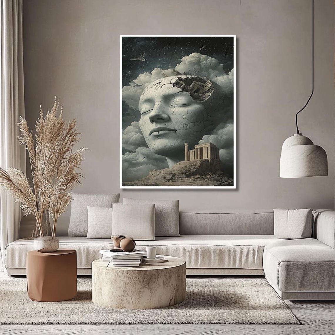 Surreal Ancient Dreamscape Art Mystical Female Face With Temple And Clouds Symbolic Wall Decor For Modern And Classical Interiors - Image 2