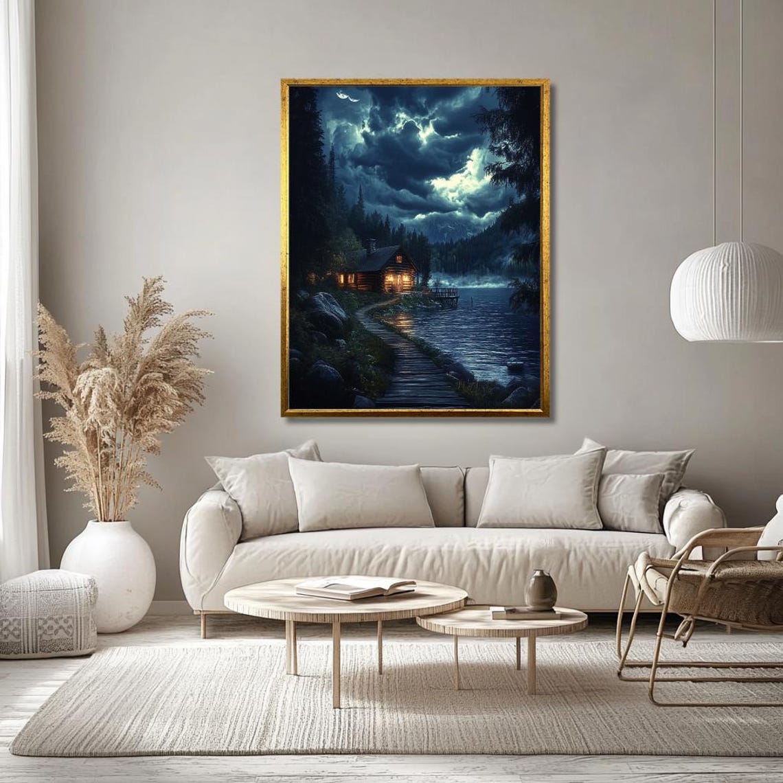 Moonlit Cabin By The Lake Wall Art Cozy Nighttime Landscape With Illuminated Cabin And Dark Forest Rustic Nature - Image 3