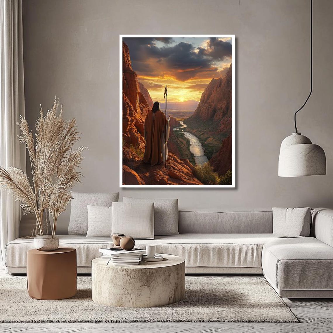 Shepherd With Staff Overlooking Canyon River at Golden Sunset Poster - Image 3