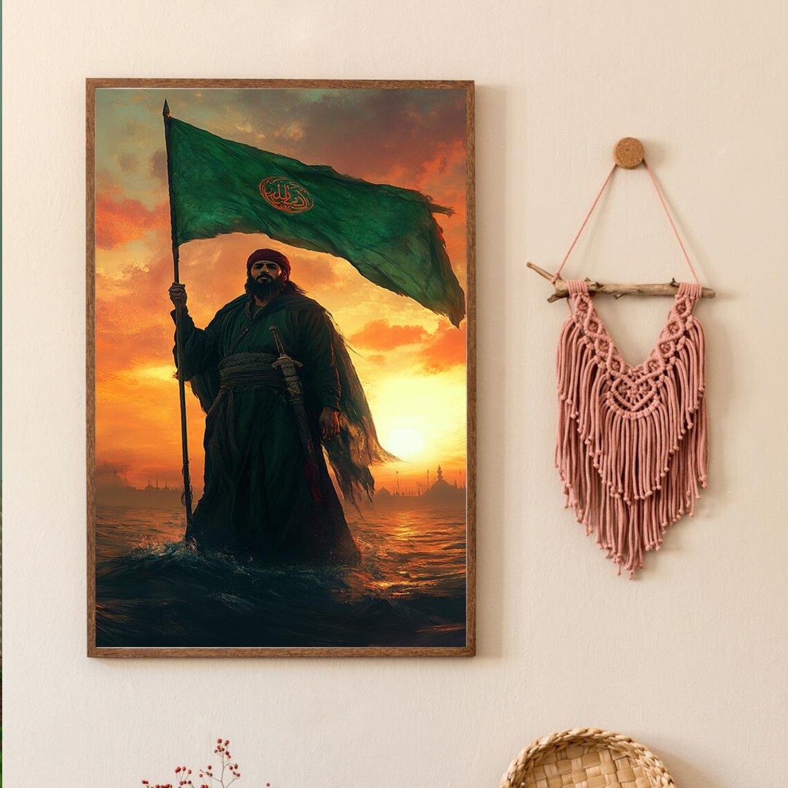 Warrior Holding A Green Banner In The Sea At Golden Sunset Poster - Image 3