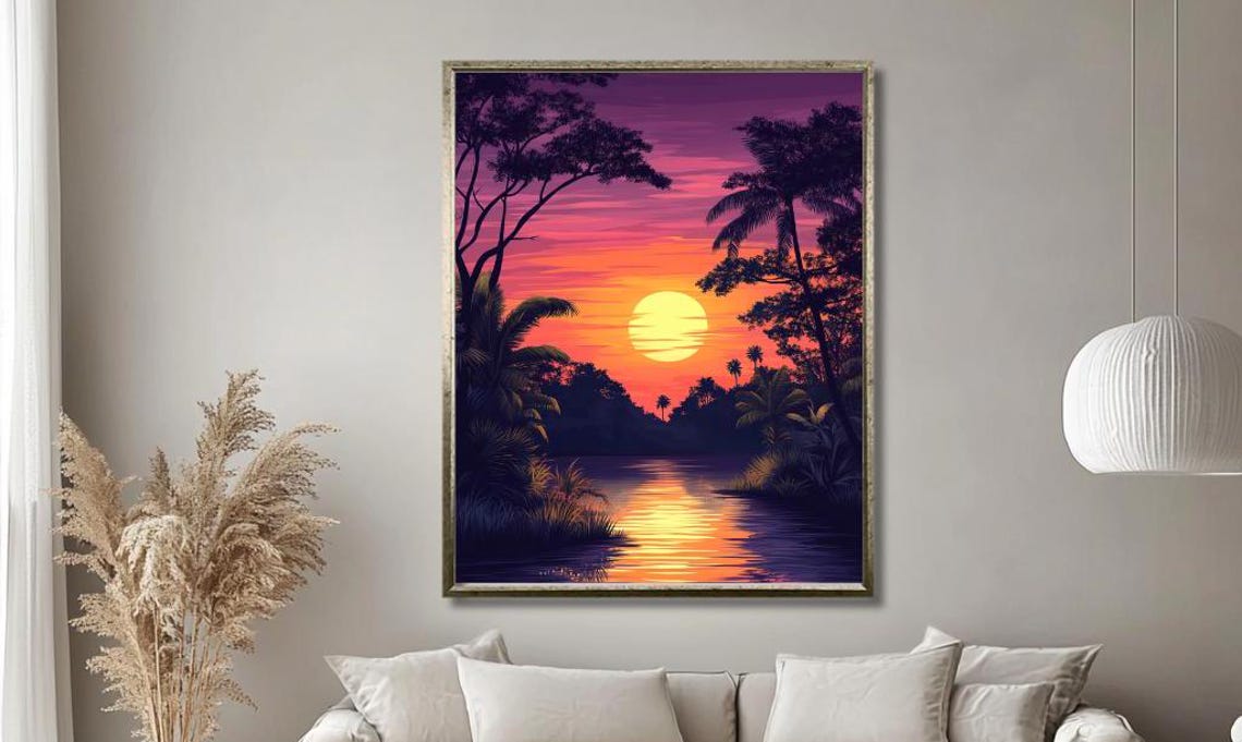 Tropical Sunset Over River Palm Silhouettes Vibrant Nature Poster