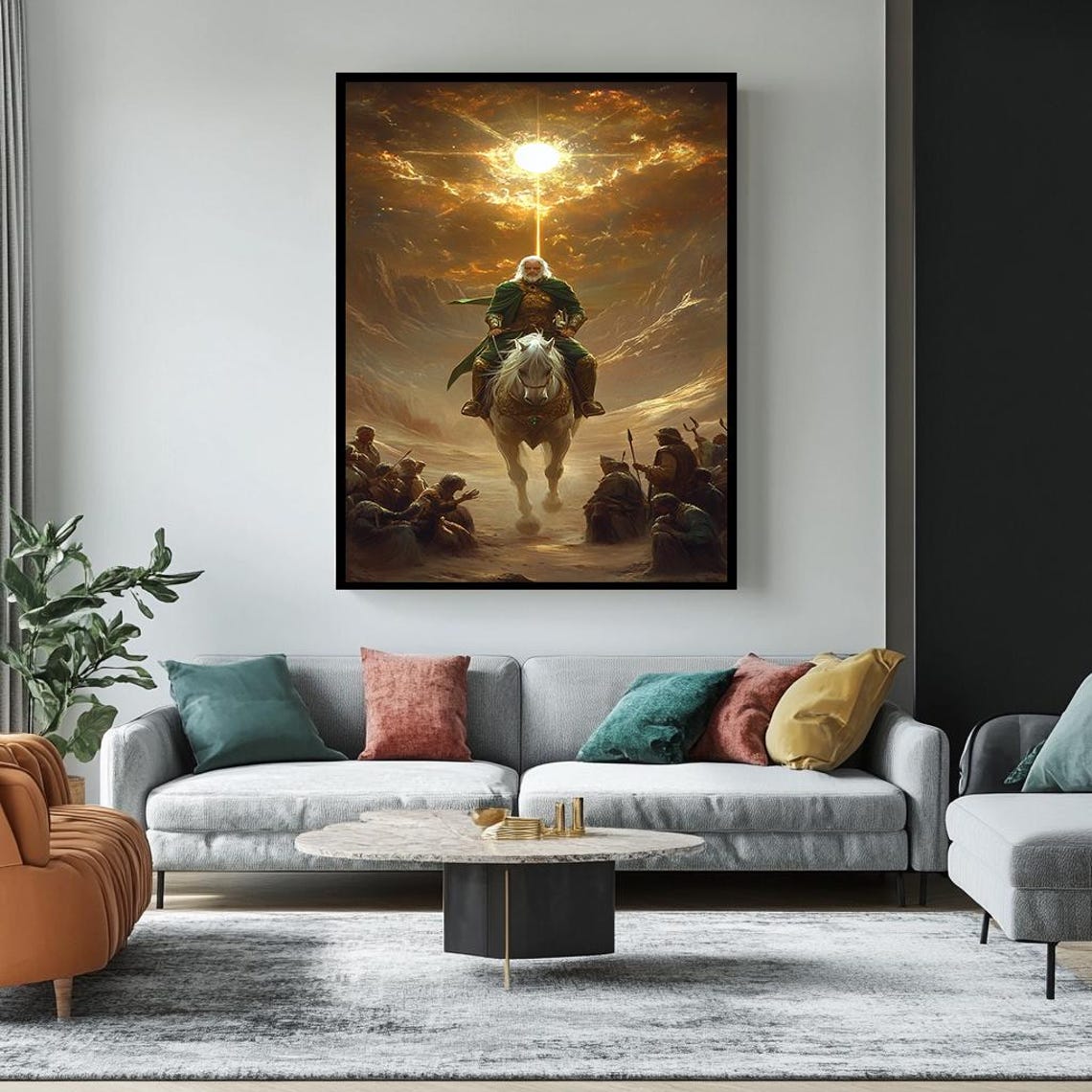Ancient Warrior on White Horse Beneath a Heavenly Light Poster - Image 2