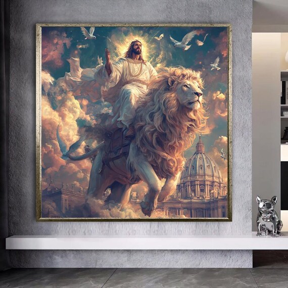 Jesus Riding A Majestic Lion Through Clouds Above St Peters Dome Poster