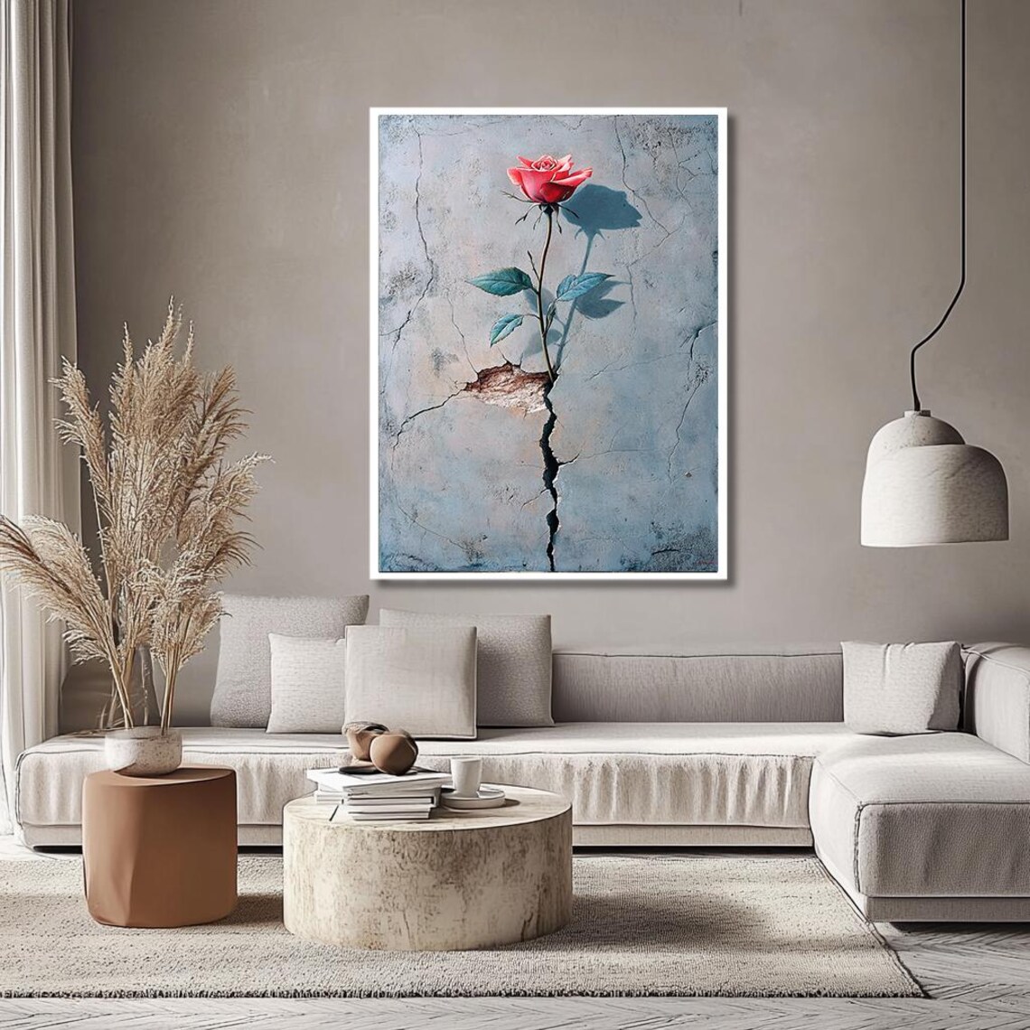 Red Rose Rising from Cracked Blue Wall Symbolic Floral Print - Image 2