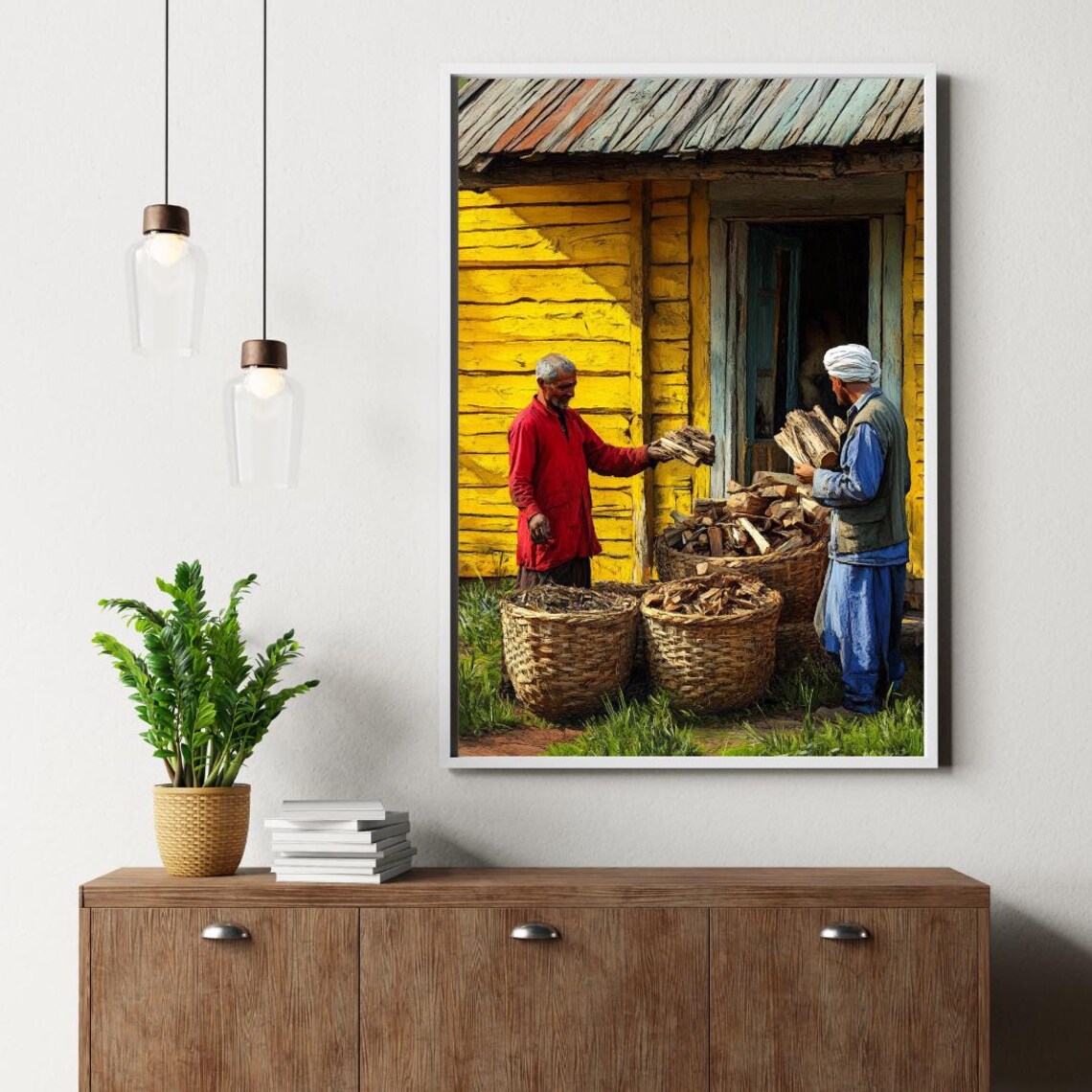 Rural Village Men Carrying Firewood by Yellow Wooden House Poster - Image 3
