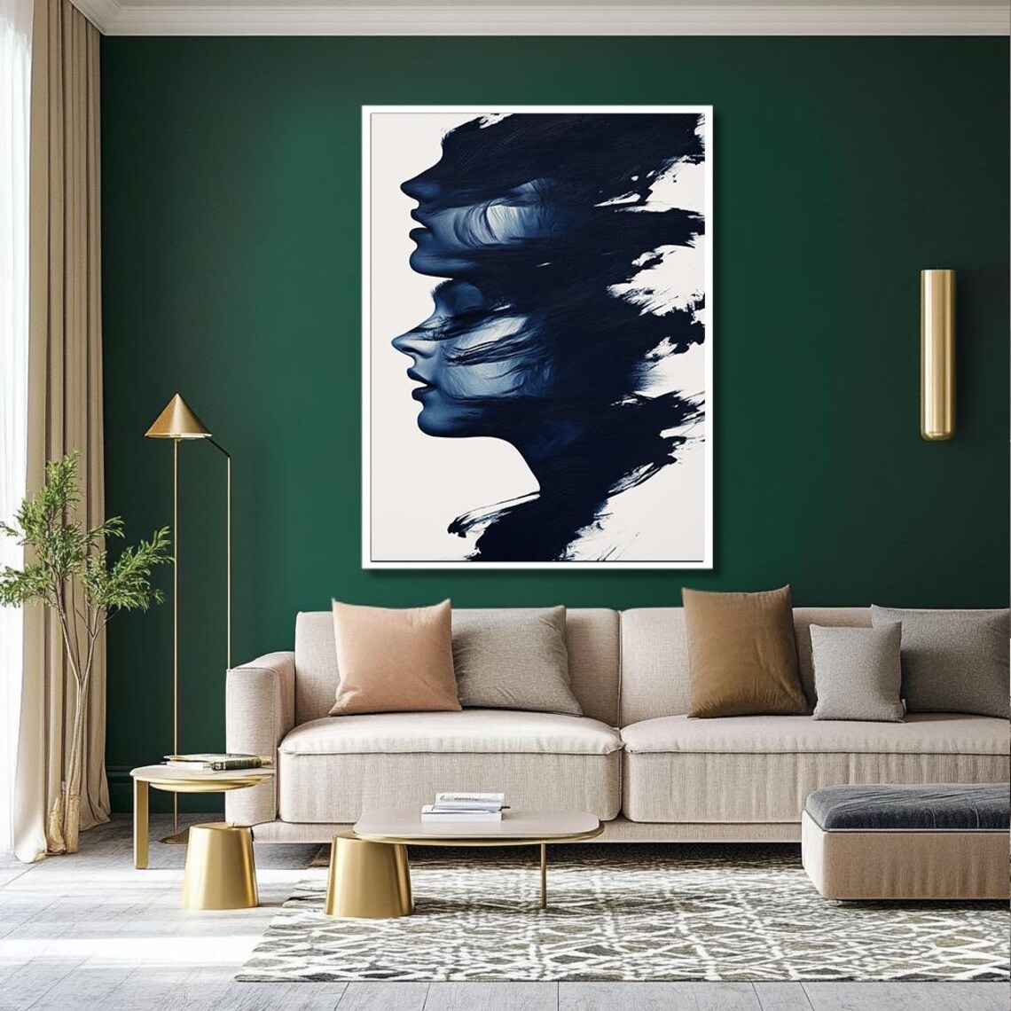 Navy Blue Brushstroke Double Female Profile Modern Art Poster - Image 2