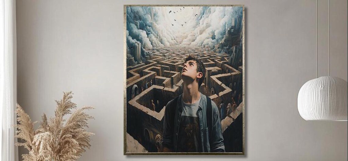 Surreal Stone Maze Labyrinth Young Man Gazing at Cloudy Sky Print