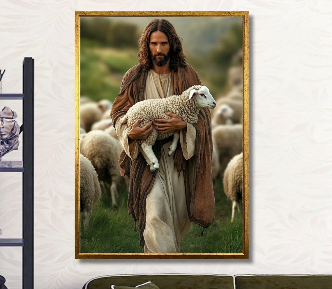 Jesus The Good Shepherd Carrying A Lamb In Green Pastures Poster