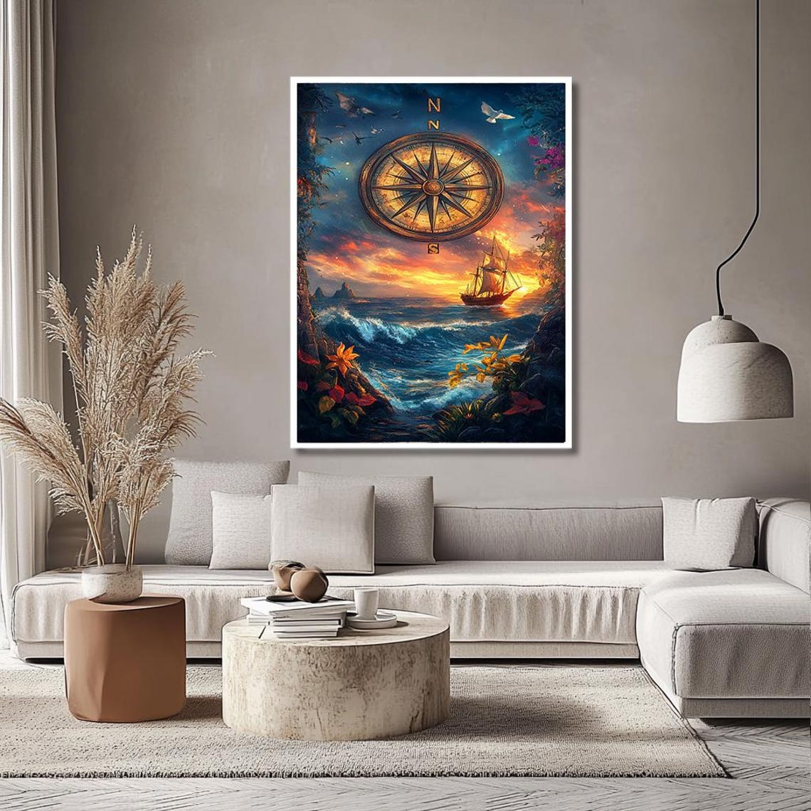 Compass Rose Over Vibrant Sunset Ocean With Sailing Ship Poster - Image 2