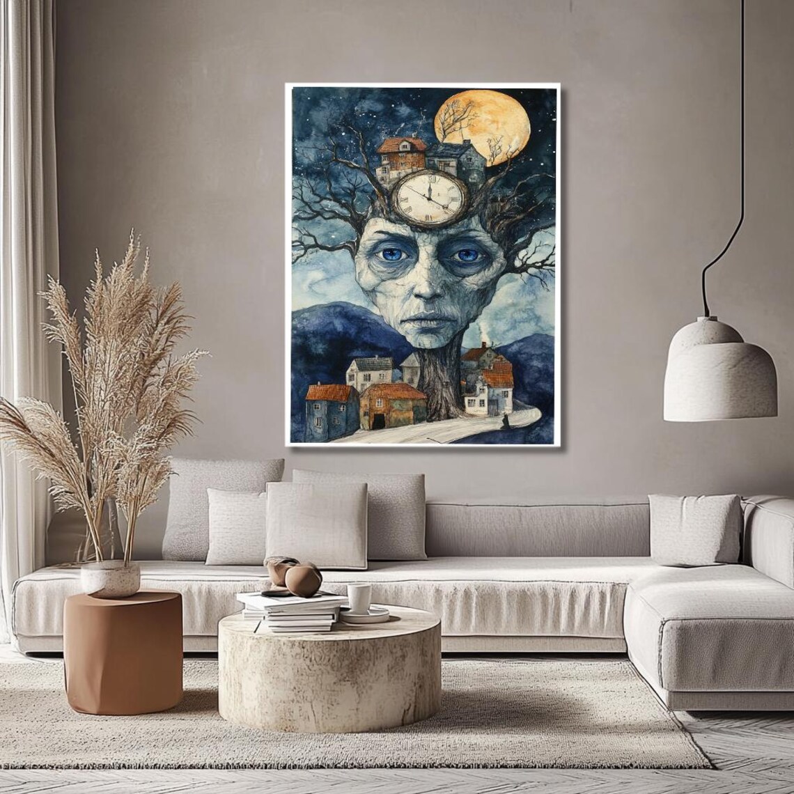 Whimsical Tree Spirit Face With Clock And Moonlit Village Poster - Image 3