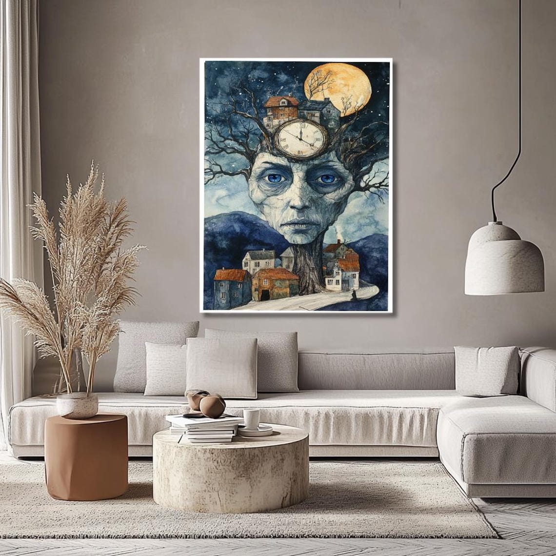 Whimsical Tree Spirit With Clock And Village Art Surreal Fantasy Landscape With Moonlit Sky Mystical Wall Decor For Creative - Image 3