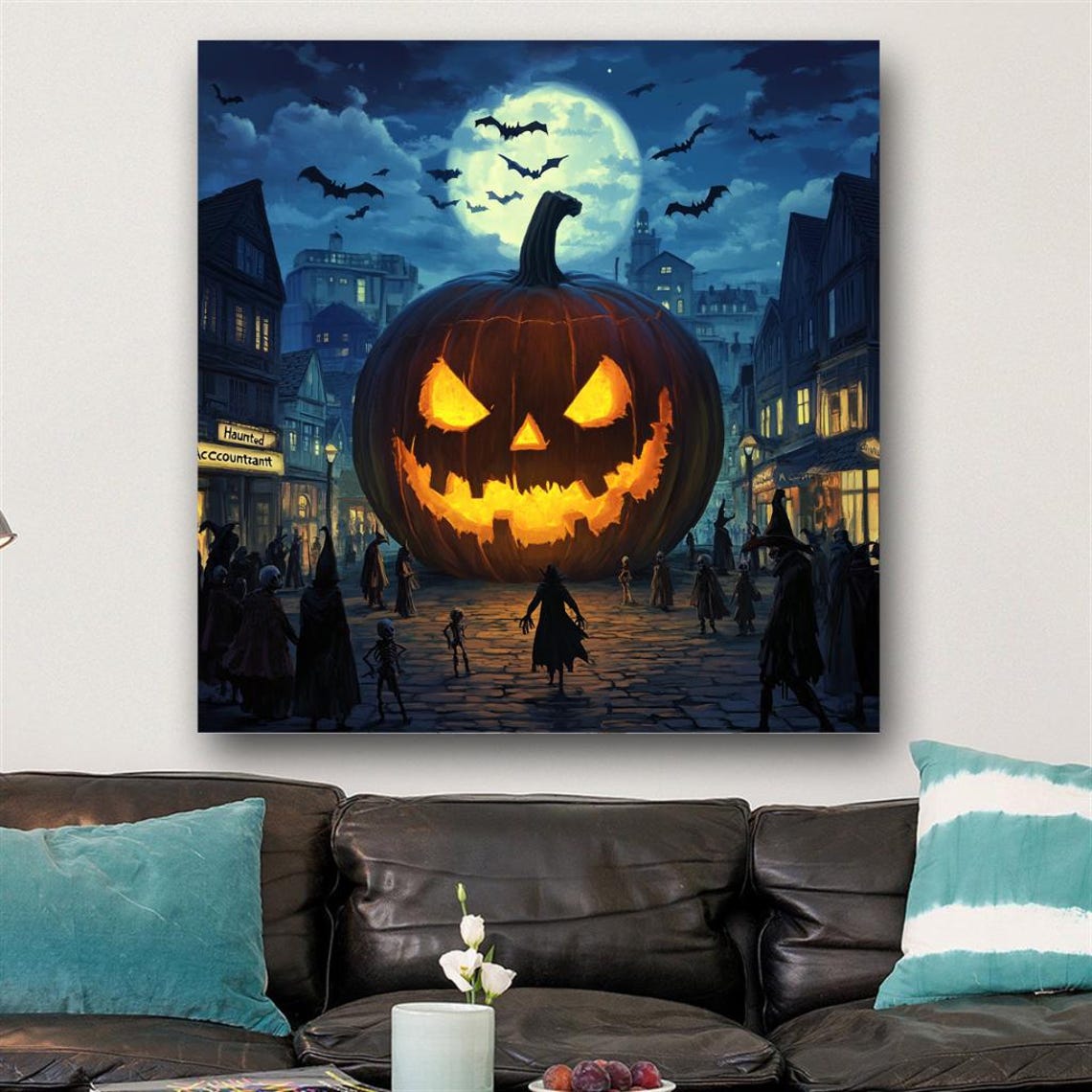 Giant Jack O Lantern in Haunted Town Square Under Full Moon Poster - Image 2