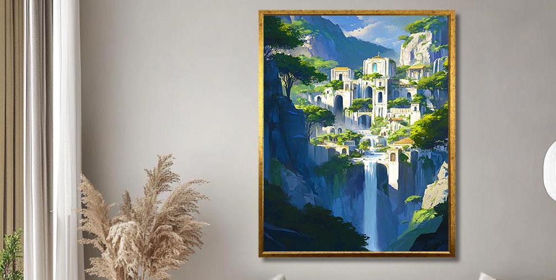 Cliffside Village Waterfall Mediterranean Dream Fantasy Print - Image 3
