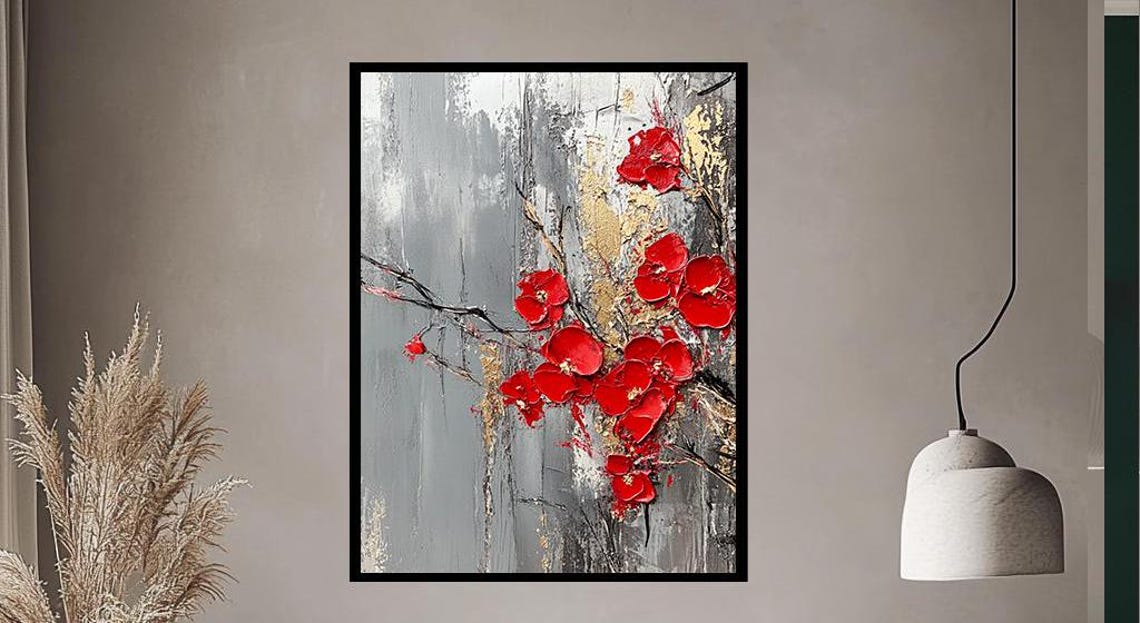 Red Blossom Branches On Grey And Gold Textured Floral Poster