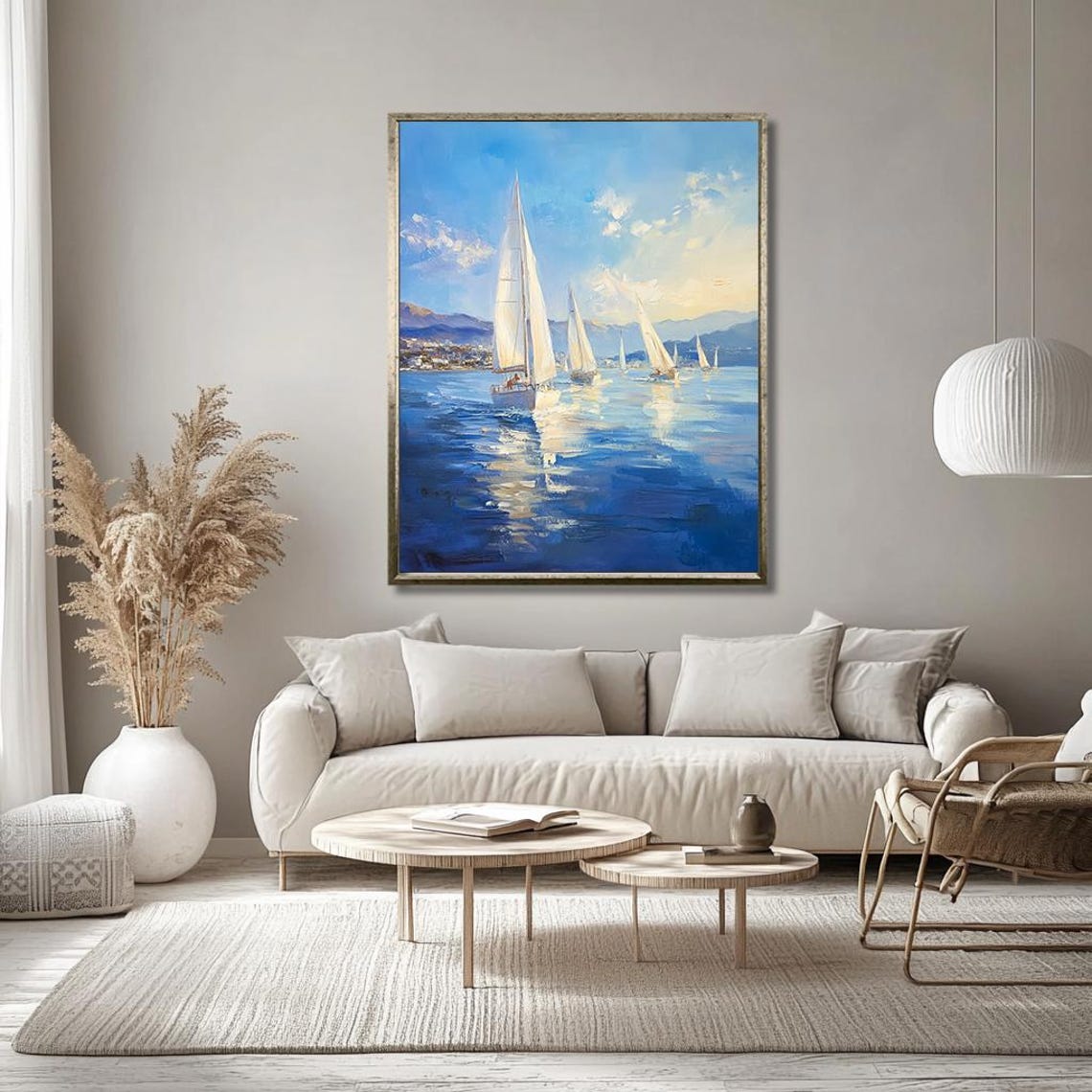 Sailboat Wall Art Serene Ocean Sailing Painting Nautical Wall Decor For Living Room