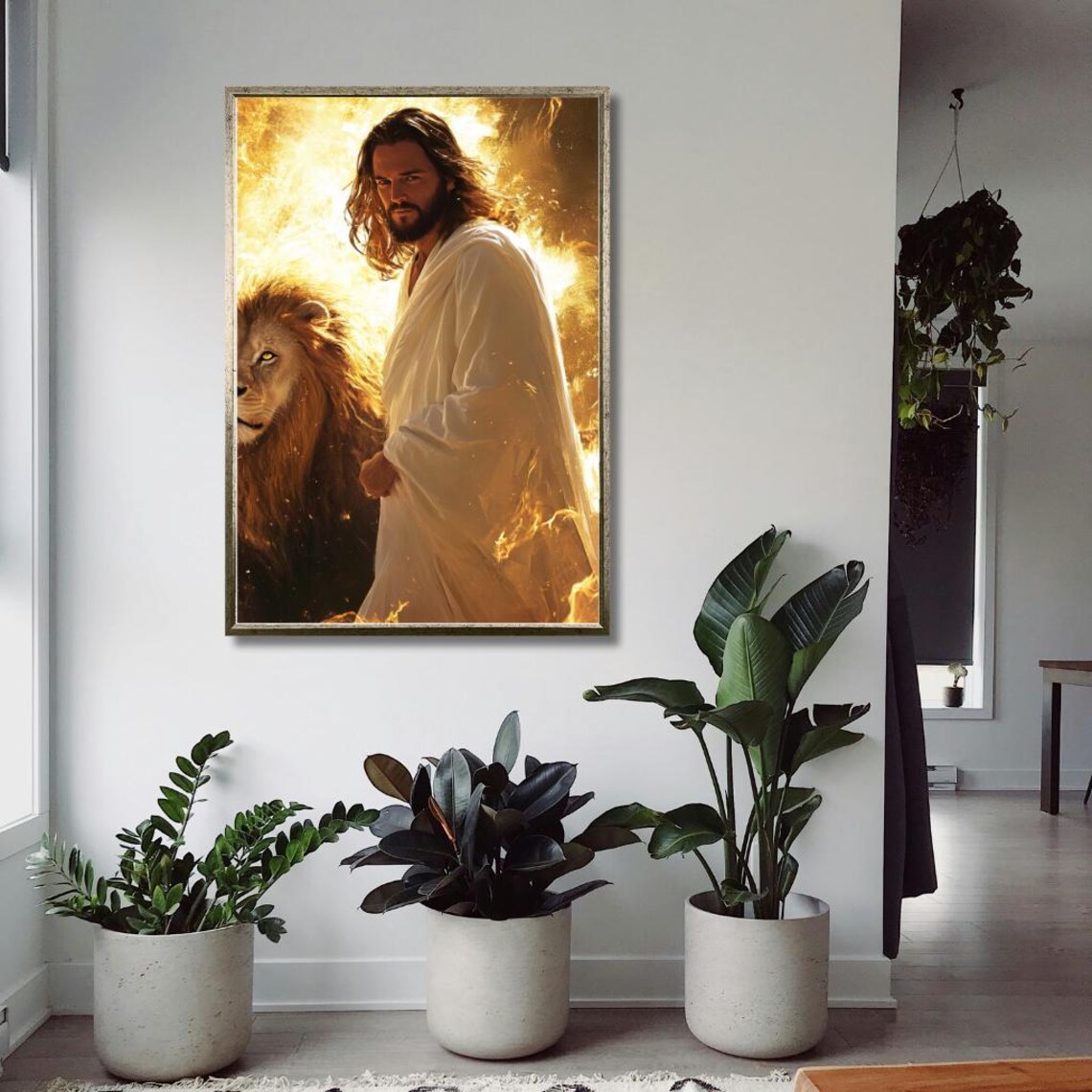 Jesus Standing Beside A Majestic Lion In Golden Flames Poster - Image 3