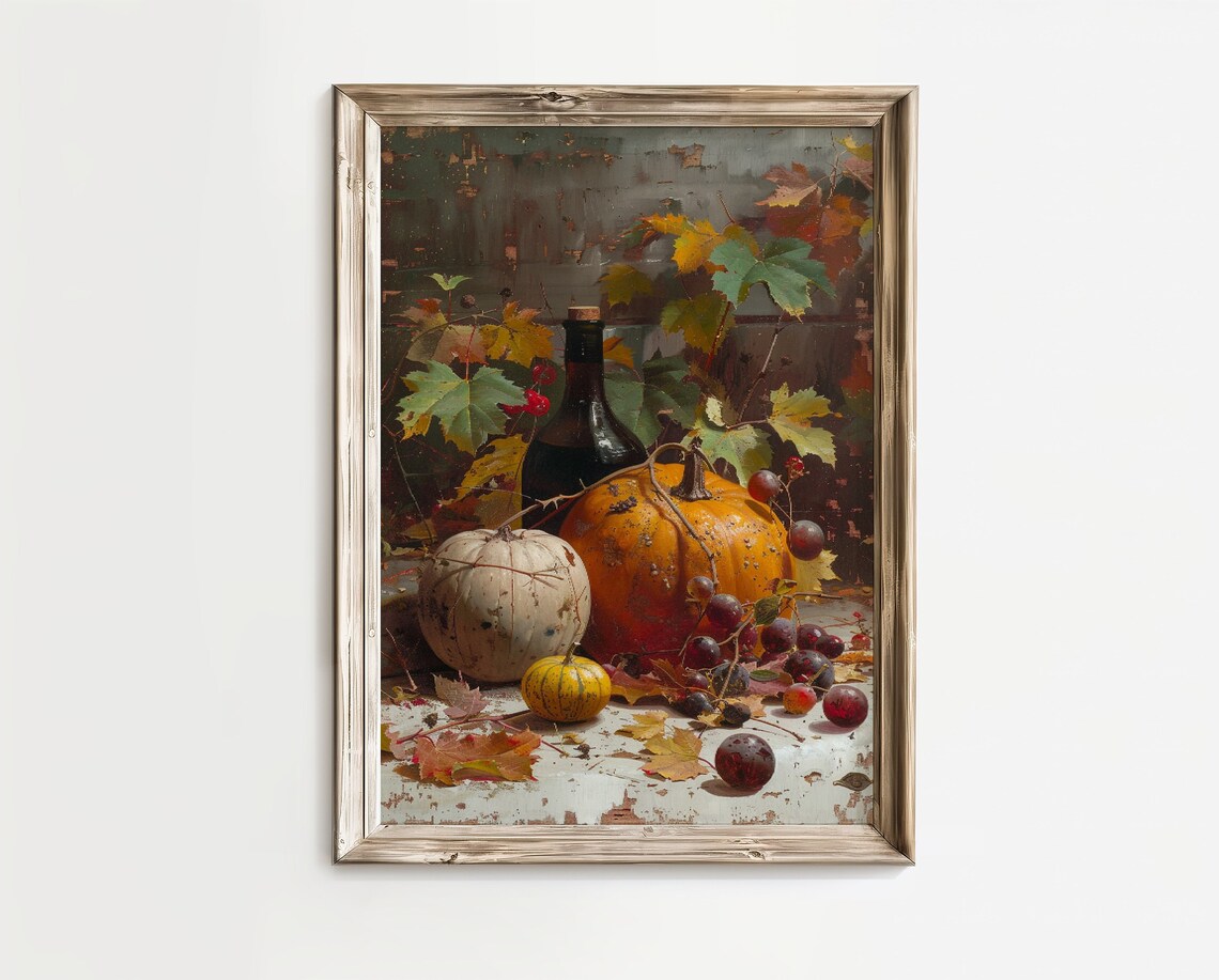 Vintage Harvest Still Life Pumpkins Grapes And Wine Bottle Poster - Image 2