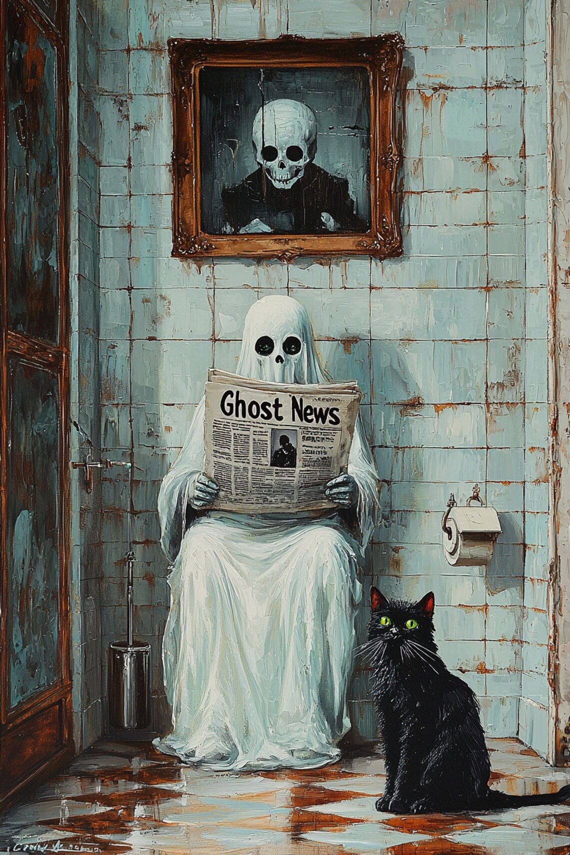 Funny Ghost Reading the News on the Toilet in a Vintage Bathroom Poster - Image 2