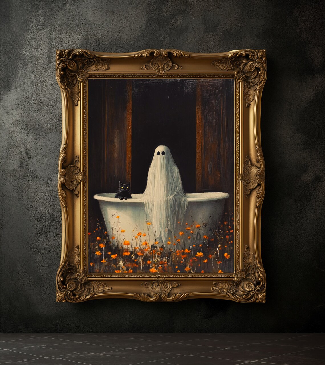 Ghost And Black Cat Taking Bath In Wildflowers Poster, Halloween Art