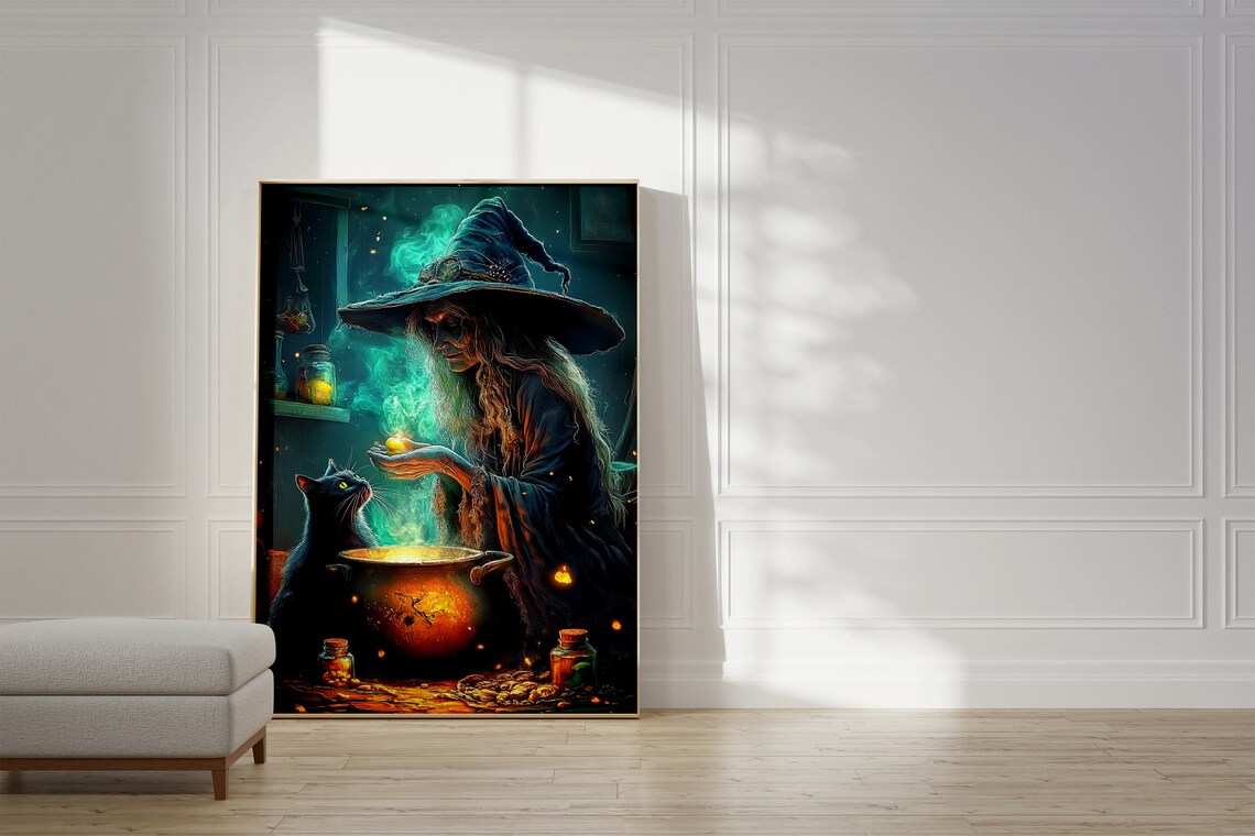 Witch Brewing a Potion Over a Cauldron Beside Her Black Cat Poster - Image 2