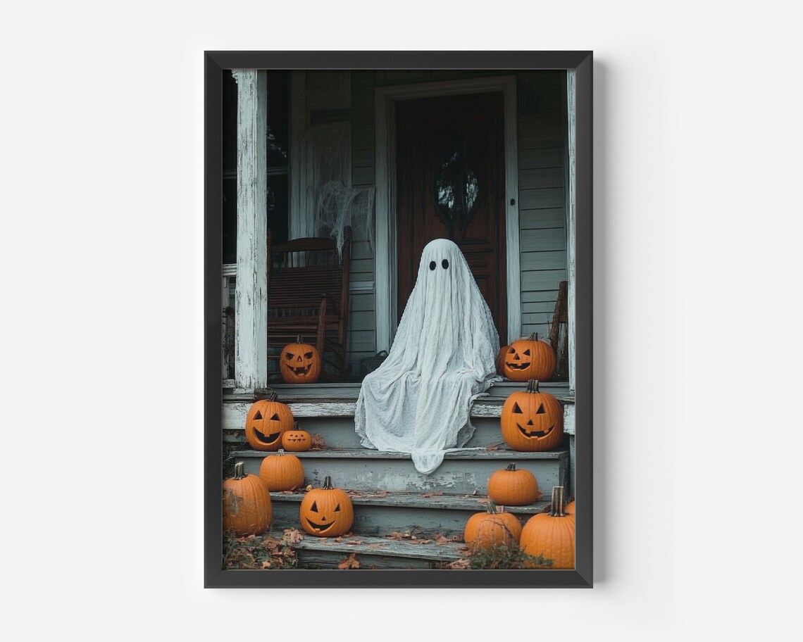 Sheeted Ghost Sitting on Old Porch Steps Surrounded by Pumpkins Poster - Image 4