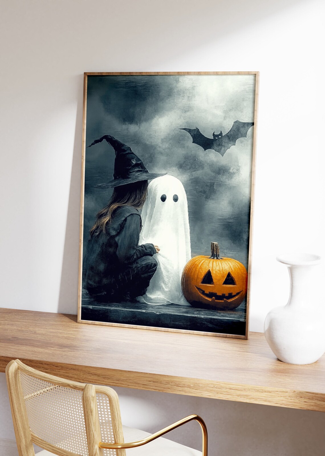 Witch Girl Hugging Ghost With Pumpkin And Bat Halloween Art Poster - Image 3
