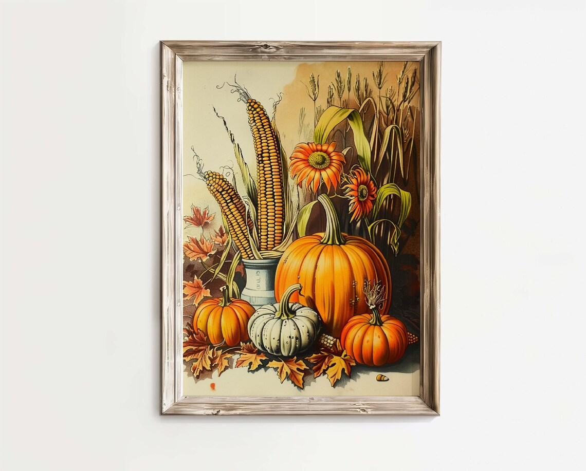 Pumpkins Corn Sunflowers Vintage Fall Harvest Still Life Poster - Image 2
